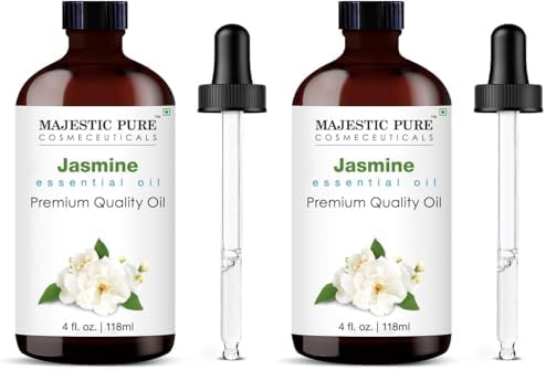 Majestic Pure Essential Oil with Glass Dropper - 100% Pure and Natural - Essential Oils for Diffuser, Aromatherapy, Soap and Candle Making, Jasmine Essential Oil, Jasmine Oil, 4 Fl Oz (Pack of 2) by BeautyandPersonalCare
