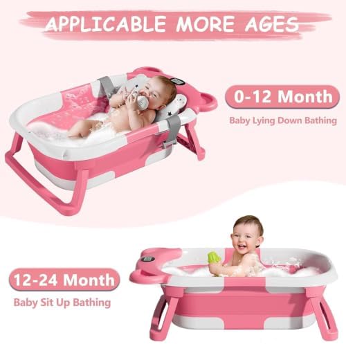 MoreFeel Collapsible Baby Bathtub for Newborn with Thermometer & 1 Hooded Towel & 1 Soft Floating Cushion,Portable Travel Bathtub with Drain Hole, Durable Foldable Baby Tubs for Infants to Toddler - Image 3