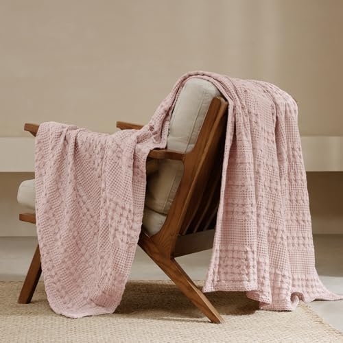 PHF Lightweight 100% Cotton Waffle Throw Blanket for Couch, Pink by PHF