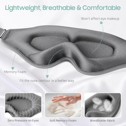 BeHoomi Sleep Mask, Premium Eye Mask for Sleeping, Completely Blackout, Superior Soft Comfort, Upgraded 3D Ergonomic Designed Sleeping Mask for Home, Office, Travel, Meditation, Yoga, Grey - Image 3