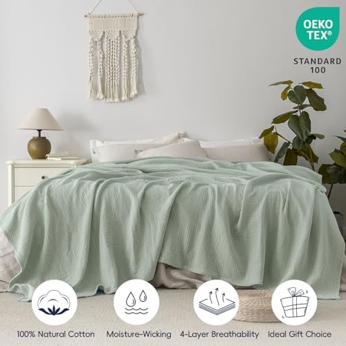 PHF 100% Cotton Muslin Blanket Queen Size 90"x90", 4-Layer Lightweight Gauze Throw, Breathable Cloud-Soft Minimalist Blanket for Bed, Couch, Camping & Baby, Sage Green, Ideal Gift - Image 4