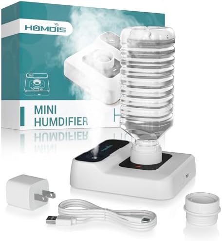 Travel Humidifier, Portable Small Humidifier for Plants, Bedroom, Office, Hotel or Car, Battery Operated Mini Cool Mist Humidifiers, Quiet 23dB, Auto-off, Night Light & BPA-Free, White by HOMDIS