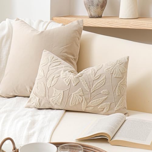BlissBlush Decorative Lumbar Pillow Cover 12x20, Beige Neutral Accent Velvet Throw Pillowcase for Couch Sofa Living Room, Floral Tufted Rectangular Cushion, Cover Only by BlissBlush