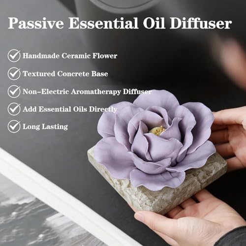 Ceramic Passive Essential Oil Diffuser, Aesthetic Desktop Handmade Flower & Concrete Base, Porcelain Aromatherapy Oils Diffuser for Home, Office, Yoga, Spa Room (Purple Peony) - Image 3