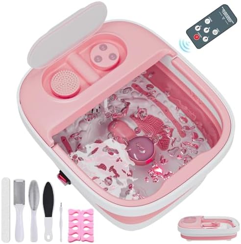 Collapsible Foot Spa Bath Massager with Heat, Remote, Temperature Control, Timer, Foot Soaking Tub with Pedicure Kit & 3 Attachments, Pedicure Foot Spa for After Work Relaxation (Pink) by Aqvesane