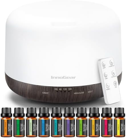 InnoGear 500ml Aromatherapy Diffuser for Home 10 Essential Oil Set, Brown by InnoGear