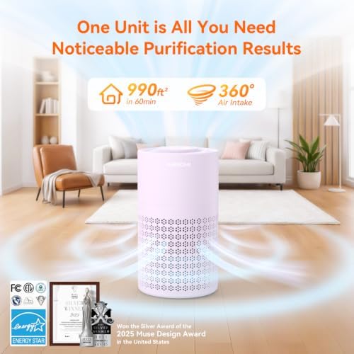 AIRROMI Air Purifier for Bedroom with HEPA 3-in-1 Filter, Pet Air Purifier for Home Cat Pee Smell, Covers Upto 990 Ft², Quiet 360°intake Air Cleaner for Pet Hair,Allergies,Pollen,Smoke A2001 Purple - Image 2