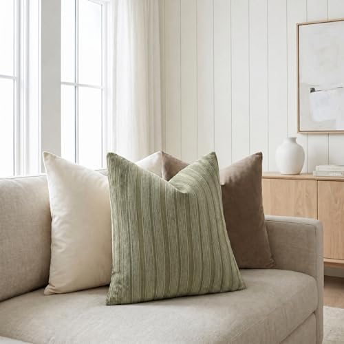 DEZENE 22x22 Olive Green Throw Pillow Covers Pack of 2 Soft Striped Corduroy Square Spring Summer Outdoor Pillow Cases for Couch Sofa Bedroom Living Room Home Decor - Image 4