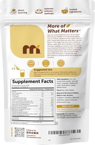 Micro Ingredients Electrolytes Powder, 1 lb | 47 Servings | Sugar Free Workout Hydration | Potassium, Sodium, L-Glutamine, Beta-Alanine, & More | Natural Coconut Water | Pineapple Piña Colada Flavor - Image 6