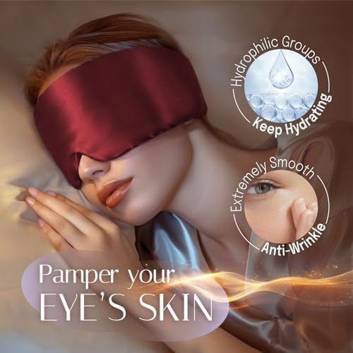 Silk Sleep Mask Soft Pressureless: 100% Mulberry Silk for Eye Skin Anti Wrinkles, Large Size for Total Blackout, Adjustable Wide Velcro Ear Cover, Burgundy - Image 2