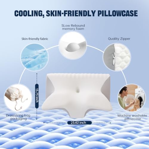 Cervical Neck Pillow for Pain Relief,Ergonomic Contour Memory Foam Pillows,Orthopedic Bed Pillow for Side Back Stomach Sleeper,Includes an Extra Pillowcase (White) - Image 6
