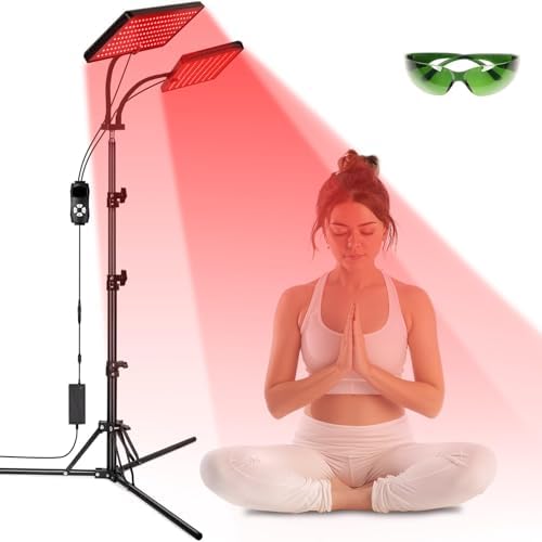 SAVILER® Red Light Therapy Lamp with Stand, 140 LEDs 660nm Red & 850nm Near Infrared Light Therapy for Face and Body, Dual Head Panel with Timer, 5 Brightness Levels, Pulse Mode, Wall or Floor Mount by SAVILER