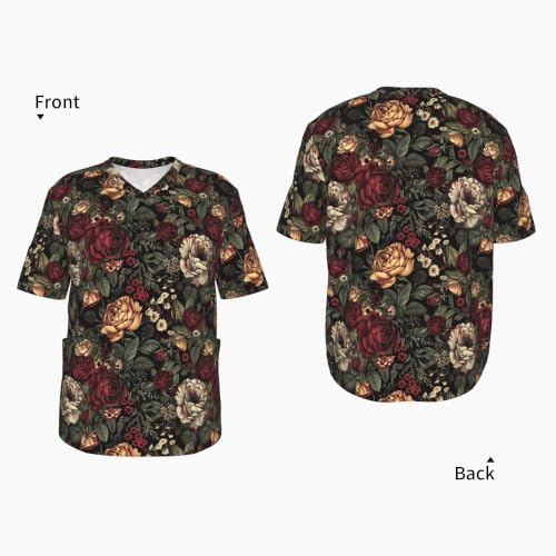 Men's Scrub Top,V-Neck Spill Wrinkle Resistant,3 Pockets-Floral Vintage (14) - Image 4