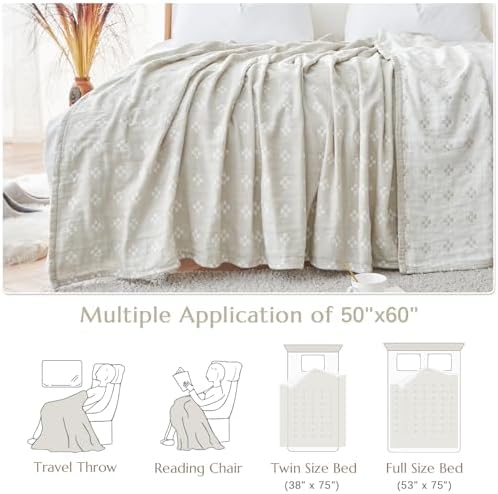 jinchan 100% Cotton Muslin Blanket Twin Boho Throw Blanket 50x60 Oatmeal - Image 5