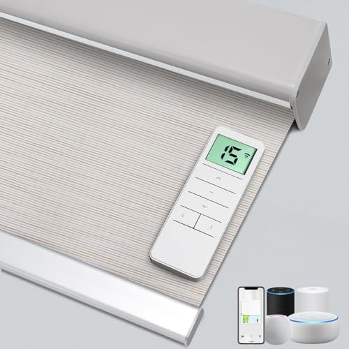 Motorized 100% Blackout Roller Shades – Custom Smart Blinds with Remote Control, Rechargeable Battery or Plug-in Motor, Tuya WiFi Optional, Home & Office Automatic Window Shades (Vibeke Greige/CH9427) by Chshn