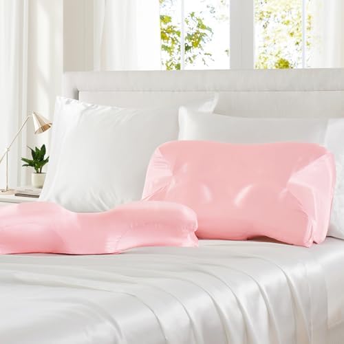 P Pothuiny Pink Satin Cervical Pillow Case Cover 1-Pack with Zipper - Image 2