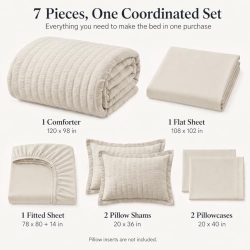 CozyLux Oversized King Comforter Set 120x98 in, 7-Piece Beige Seersucker - Image 2