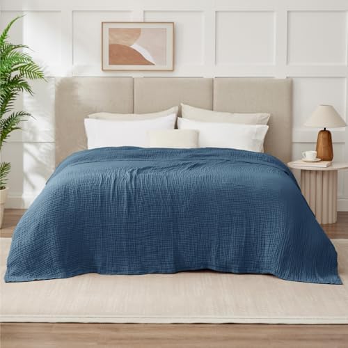 100% Cotton Muslin Blanket California King 120" x 90", 6 Layers Breathable and Lightweight Oversized Blankets for Bed, Soft Cooling Gauze Blanket for Adults All Season, Dark Blue - Image 5