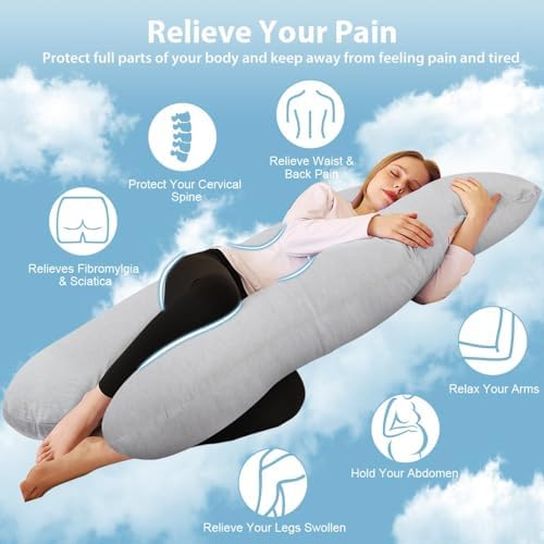 Chilling Home Pregnancy Pillow, 55in Pregnancy Pillows for Sleeping, U Shape Body Pillows for Adults, Maternity Pillow for Pregnant Women, with Grey Jersey Cotton Removable Cover - Image 2