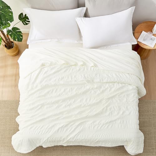 Cozy Bliss Seersucker Cooling Comforter Queen Size, Q-Max 0.45 Reversible Lightweight Cooling Blanket, Breathable Silk Smooth Summer Bedding Quilt for Hot Sleepers Night Sweats Cream White - Image 6