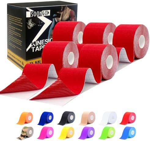 SOON GO Kinesiology Tape Pro 5 Rolls, 2 Inch High Elasticity Sports Tape Therapeutic Pain Relief–Physio Tape for Muscle Recovery & Joint Support, Waterproof & Hypoallergenic & Breathable–Red by SOON+GO