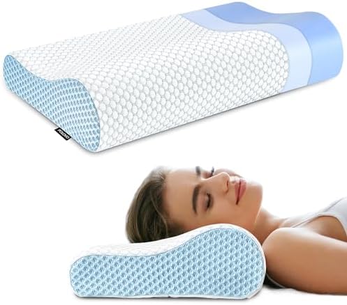 Neck Pillow Contour Memory Foam Pillows for Pain Relief Bed Pillow for Sleeping, Ergonomic Pillow for Neck and Shoulder Pain, Orthopedic Cervical Pillow for Side Back Stomach Sleeper(White&Blue) by Polovo