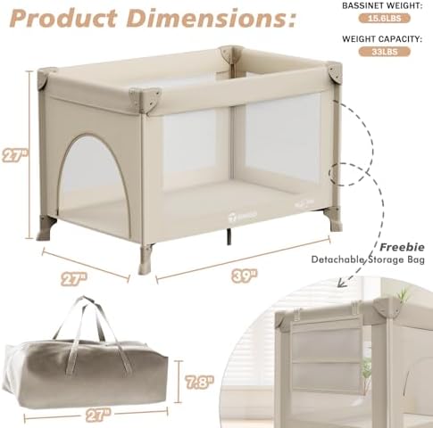 Portable Baby Playard& Playpen with Mattress, Travel Crib, Khaki - Image 6