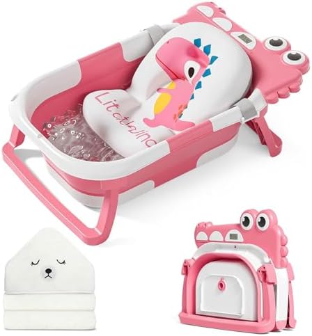 MoreFeel Collapsible Baby Bathtub for Newborn with Thermometer & 1 Hooded Towel & 1 Soft Floating Cushion,Portable Travel Bathtub with Drain Hole, Durable Foldable Baby Tubs for Infants to Toddler by Morefeel