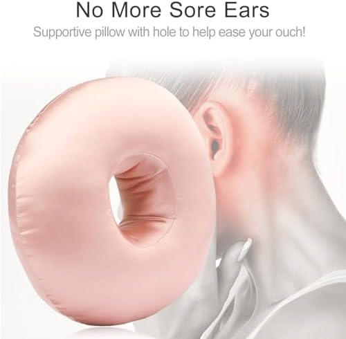 Silky Satin Piercing Pillow Ear Pillows Donut with Hole for Ear Pain CNH Piercing Pain Relief Sleeping Pressure Sore Side Sleepers Smooth Cooling Ear Guard Protector, Coral - Image 3