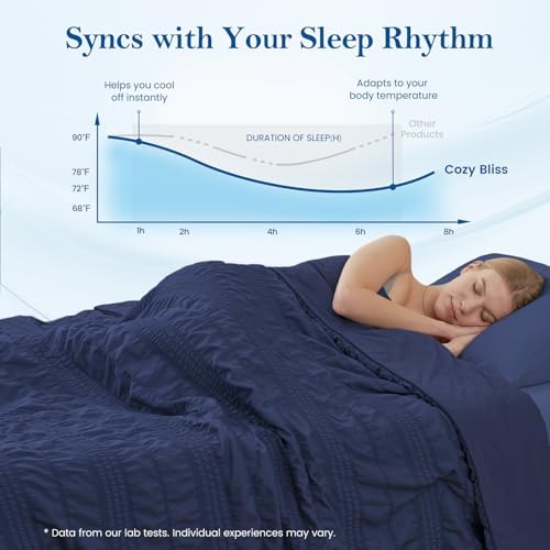 Cozy Bliss Striped Seersucker Cooling Comforter King Size, Lightweight Airflow Silky Cooling Bedding with Q-Max>0.45 for Bedroom, Home Decor, Hot Sleepers & Night Sweats, Navy Blue 106"×90" - Image 5