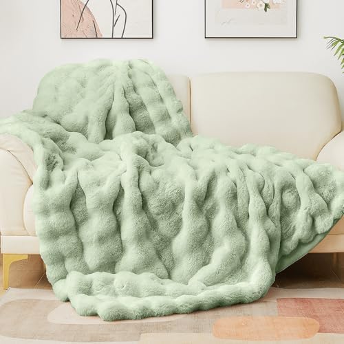 Latepis Faux Fur Throw Blankets Sage Green Bubble Cozy Soft Heavy Blanket for Couch Fuzzy Thick Blanket for Sofa Bedroom Plush Fluffy Warm Blankets for Winter Luxury Throw Blanket 50''x60'', 860gsm by Latepis