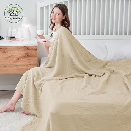 Cosy Family 4 Layer Muslin Bed Blanket - Breathable and Lightweight Gauze Boho Blanket for Spring, Soft 100% Cotton Muslin Blanket, Light Tan, 55x80 Inches - Image 4