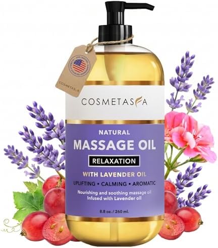 Cosmetasa Lavender Massage Oil for Massage Therapy - All Natural, Cruelty-Free & Spa Quality Skin Therapy Oil, Calming & Soothing Care - Lavender, Geranium & Grapeseed Oil (8.8 oz) by Cosmetasa