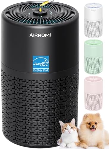 AIRROMI Pets Air Purifier for Home Allergies,Up to 660 ft².HEPA Deodorizing Activated Carbon Filter,With Fragrance Sponge for Better Sleep,Night Light,Pet Dander,Smoke,Odors,Air Cleaner A2002 Black by AIRROMI