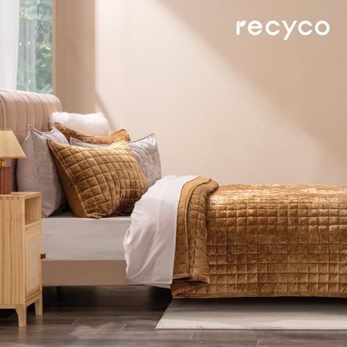 RECYCO Channel Box Stitch Velvet Quilt Set, Full Queen Size, Caramel Gold - Image 2