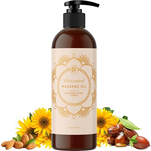 Unscented Massage Oil for Massage Therapy - Gentle and Luxurious Unscented Body Oil Full Body Care with Sweet Almond Sunflower Jojoba and Vitamin E - Vegan Non GMO & Gluten Free (8 Fl Oz) by MapleHolistics