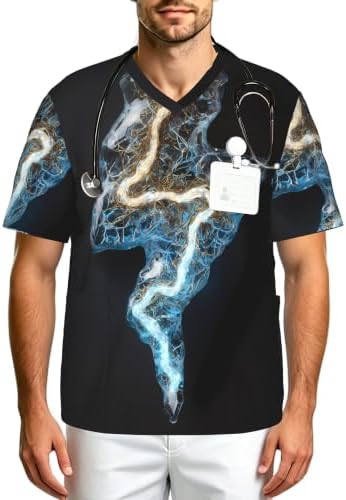 Men's Scrub Top,V-Neck Spill Wrinkle Resistant,3 Pockets-Lightning Bolt (9) by Unknown