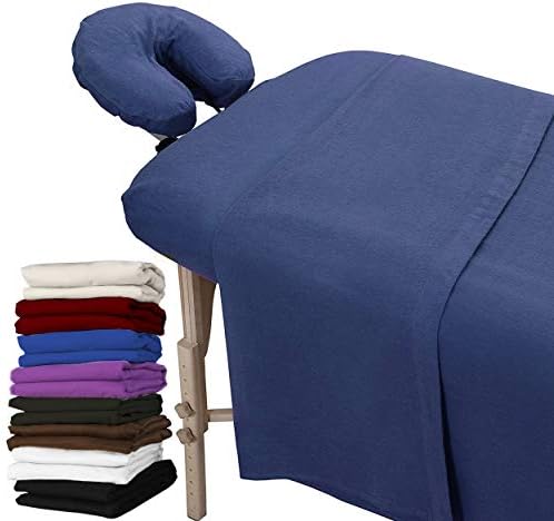 LONDON LINENS Extra Thick 3 Piece Set Massage Table Sheets Set - 100% Natural Cotton Flannel - Includes Massage Table Cover, Massage Fitted Sheet, and Massage Face Rest Cover (Blue) by LONDONLINENS