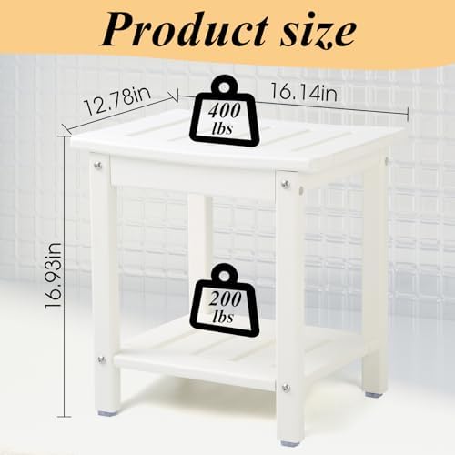 Apolimi Shower Chair, HDPE Shower Bench for Inside Shower to Sit On It, Shower Stool with Storage Shelf 2-Tier Spa Stool for Elderly,Water Resistant & Non-Slip Design Shower Seat Bench(White S Size) - Image 3