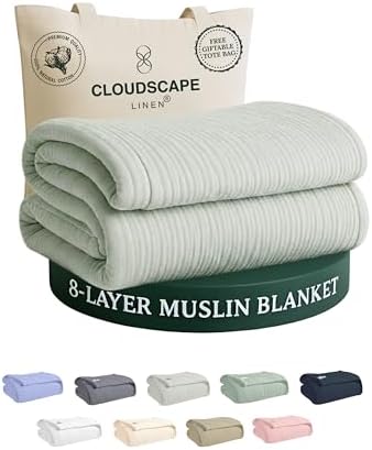 CLOUDSCAPE 8 Layer Muslin Blanket Twin Size, 100% Cotton 68"x92" - Sea Foam by CloudScapeLinen