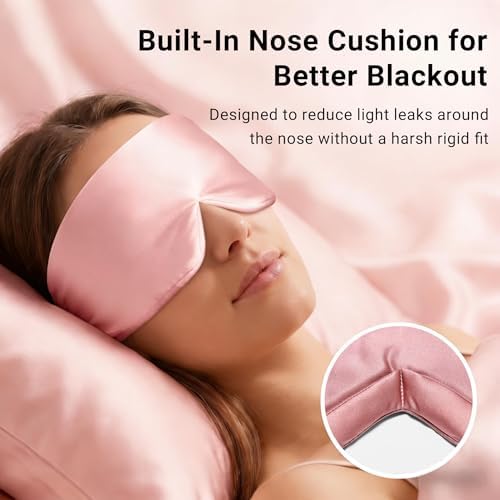 Mulberry Silk Sleep Mask for Women, 100% Blackout Eye Mask for Sleeping, Full Wrap Eye Cover with Adjustable Fit, Soft on Skin and Hair, 22 Momme Pink - Image 3