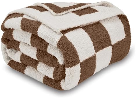 CozeCube Brown White Reversible Checkered Knit Throw Blanket 60"x80" by CozeCube