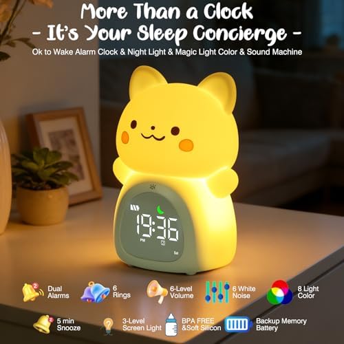 Cat Alarm Clock for Kids, Rechargeable Ok to Wake Clock with Night Light - BPA-Free Silicone Sleep Training Clock, Cute Toddler Wake Up Clock for Boys Girls Bedroom - Image 3