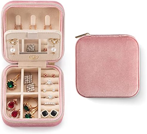 ZPROW Plush Velvet Travel Jewelry Case, Travel Jewelry Organizer, Jewelry Travel Case, Travel Jewelry Box, Small Jewelry Case for Women, Jewelry Travel Box, Earring Organizer with Mirror - Pink by ZPROW