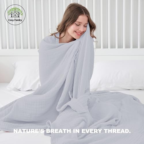 Cosy Family 4 Layer Muslin Bed Blanket - Breathable and Lightweight Gauze Boho Blanket for Spring, Soft 100% Cotton Muslin, Slate, 55x80 Inches - Image 3