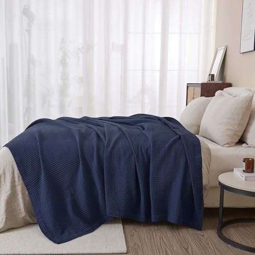 100% Cotton Blue Blanket Twin Size for Bed - Breathable and Soft, Waffle Weave for Summer Spring, 90x66 Inches (Navy) - Image 5