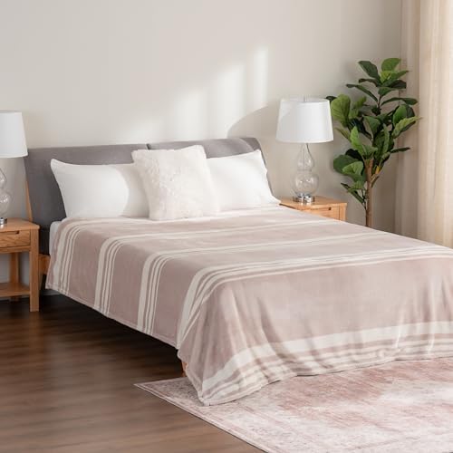 Berkshire Blanket-Classic Heavyweight Soft Printed VelvetLoft® Plush Blanket, Full/Queen Size Soft Fuzzy Warm Blanket for Couch Sofa Bed, Stripe Cream, 90in x 90in - Image 4