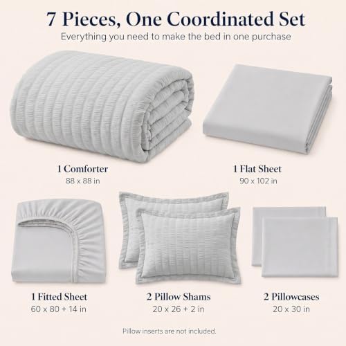 CozyLux Queen Comforter Set, 7 Pieces Light Grey Seersucker Bed in a Bag - Image 2