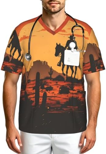 Men's Scrub Top,V-Neck Spill Wrinkle Resistant,3 Pockets-Western Cowboy Theme (3) by Unknown