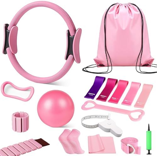 Pilates Ring Set 15PCS Pilates Equipment Set with Adjustable Ankle Wrist Weights,Yoga Ball,Figure 8 Resistance Band,Tape Measure,Pilates Bands & Accessories,Pilates Ring and Ball Set (Pink) by Unknown